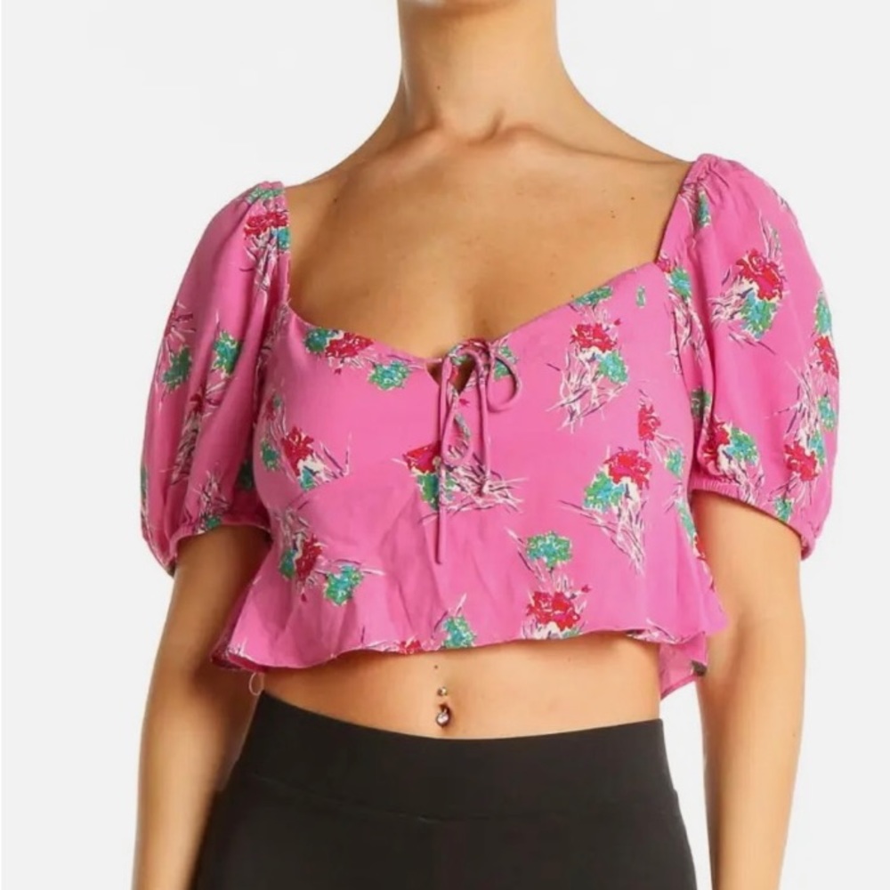 Zara Cropped Short Sleeve Floral Print Smocked Blouse X Large